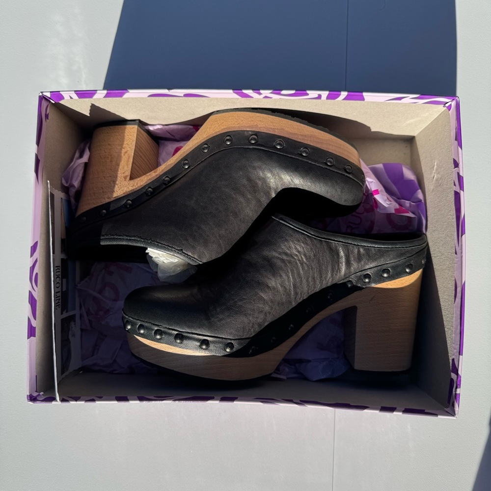 Project Rucoline Black Leather Mules with Wooden Heel